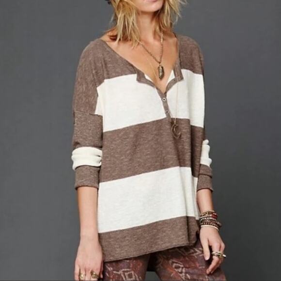 Free People Brown & Cream Striped Gold Rush Henley - Picture 2 of 8